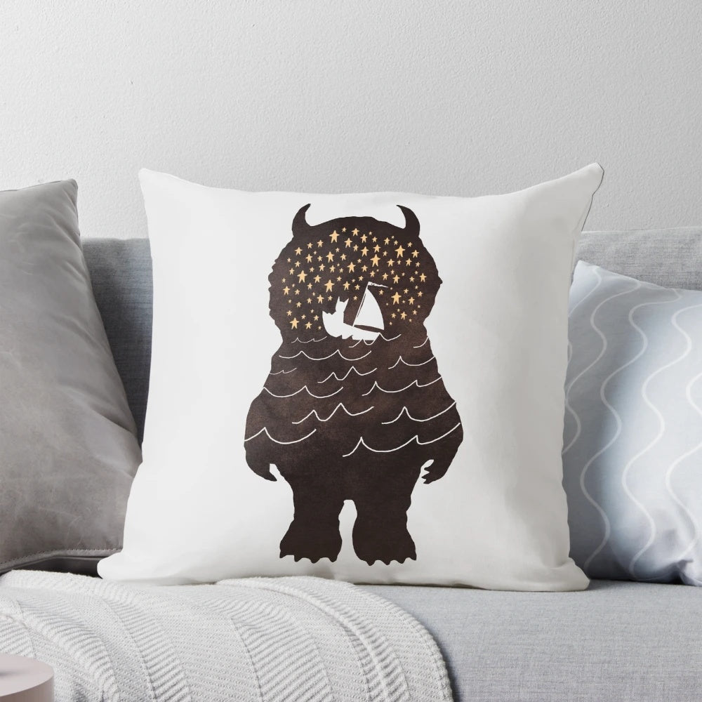 Whimsical pillow featuring a surreal, abstract design inspired by the classic children's book "Where the Wild Things Are" by Maurice Sendak.