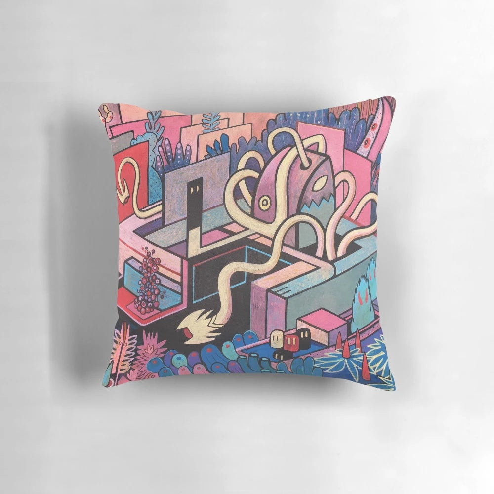 Surrealist Alesko Pillow featuring a nature-inspired, tribal-inspired octopus design