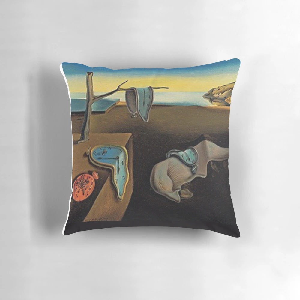 Salvador Dali's iconic surrealist painting "The Persistence of Memory" printed on a decorative throw pillow