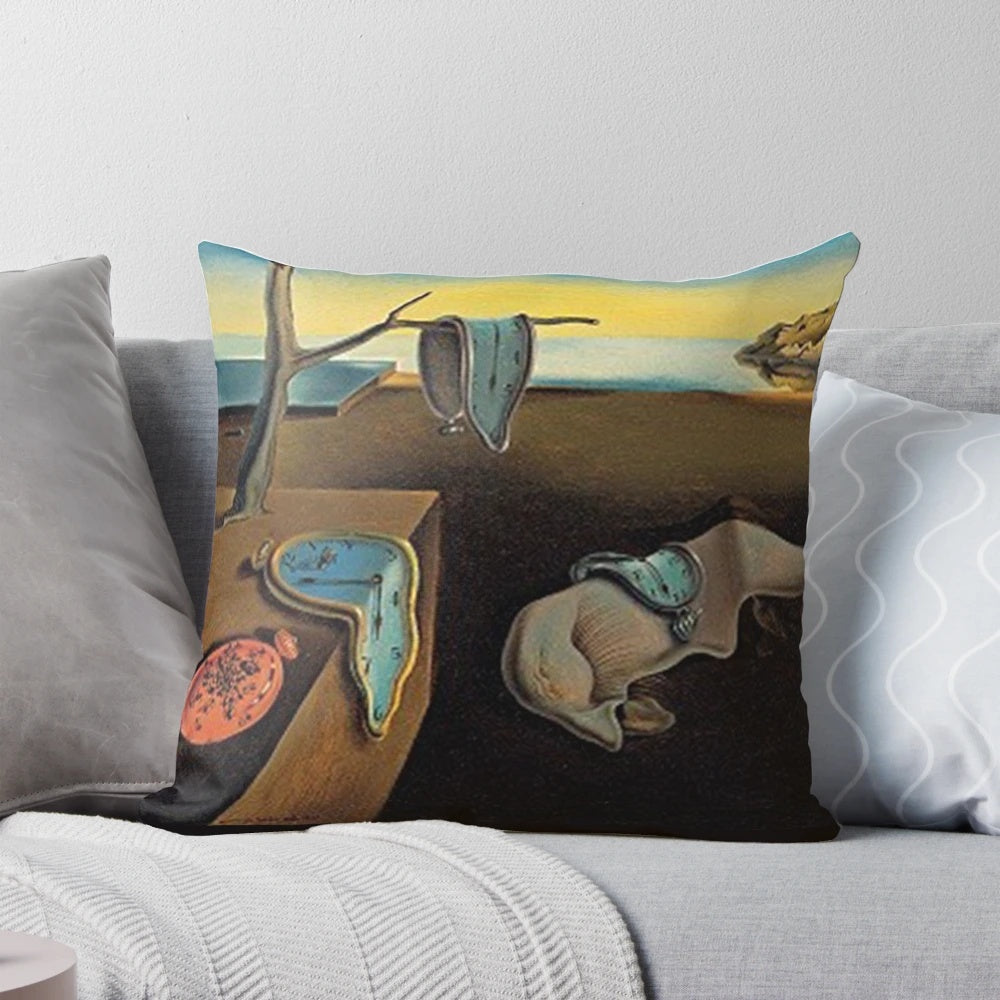Salvador Dali's iconic surrealist painting "The Persistence of Memory" printed on a decorative throw pillow