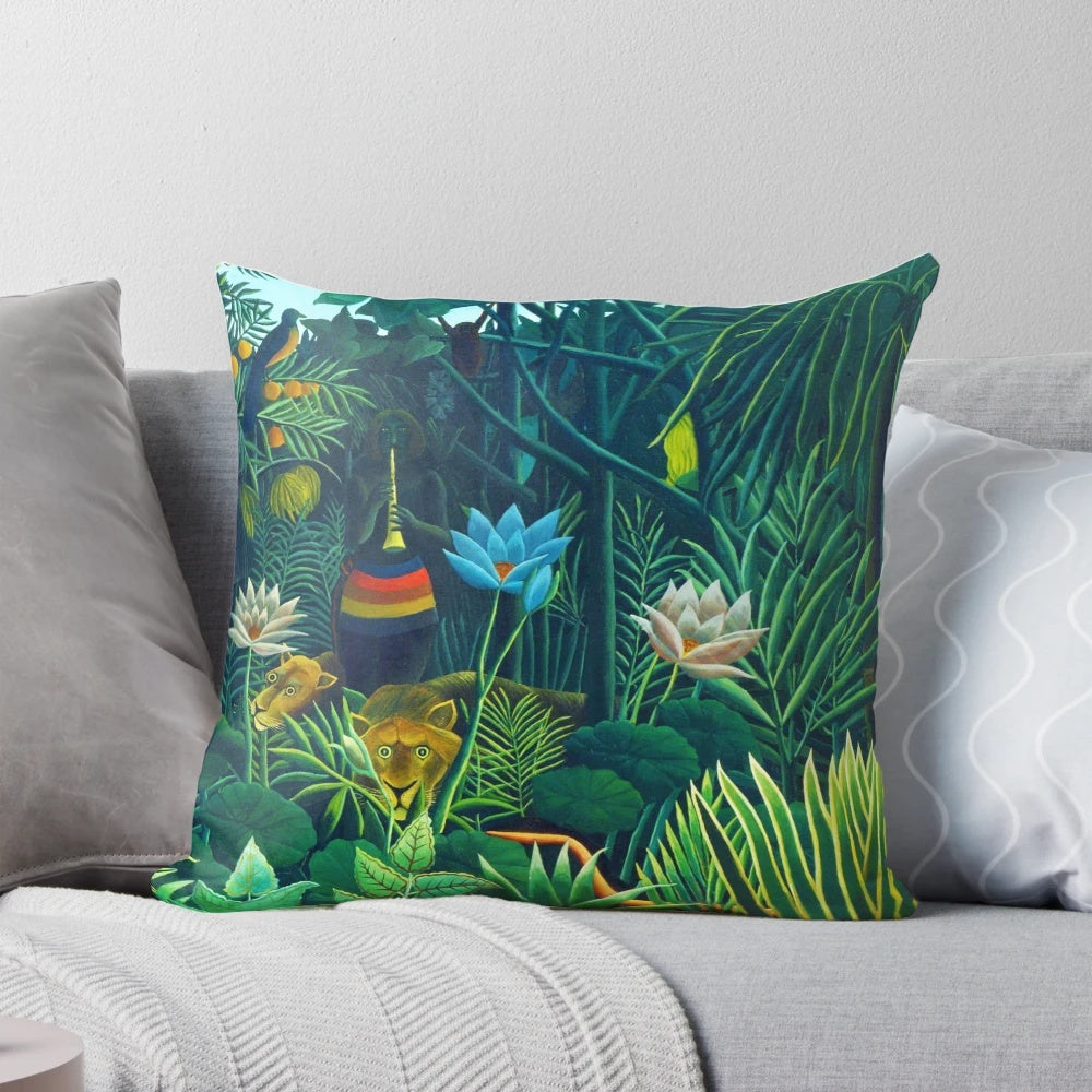 Detailed view of Henri Rousseau's surrealist painting "The Dream" featuring a lush, exotic jungle landscape.