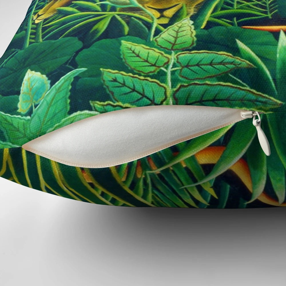 Detailed view of Henri Rousseau's surrealist painting "The Dream" featuring a lush, exotic jungle landscape.