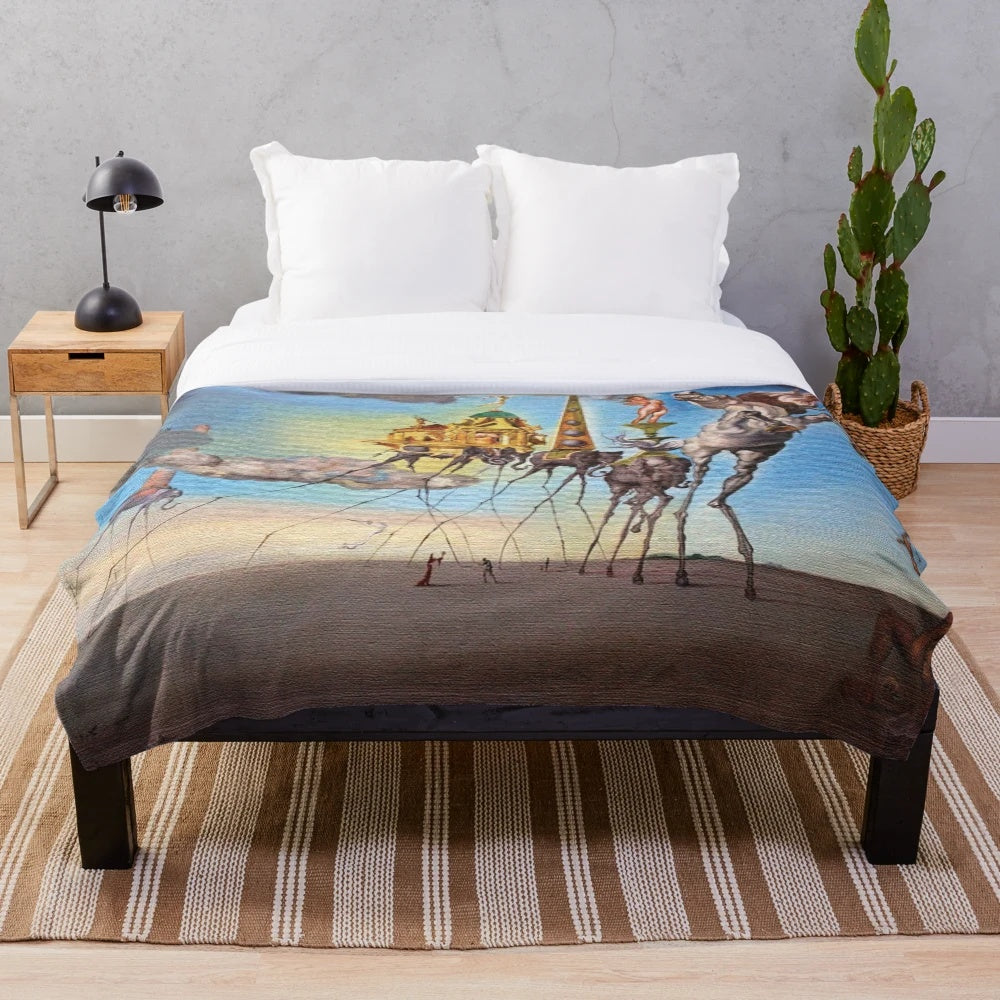 Plush blanket featuring surrealist artwork inspired by Salvador Dali's "The Temptation of St. Anthony