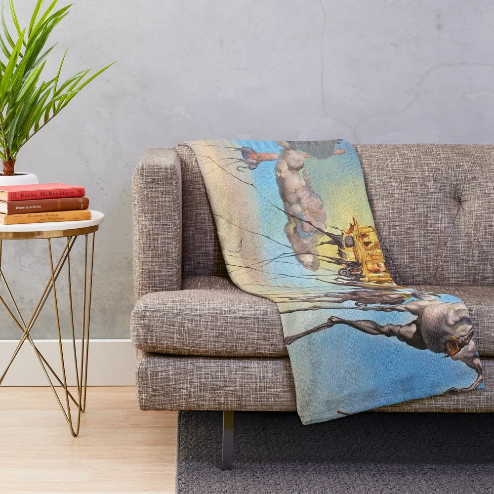 Plush blanket featuring surrealist artwork inspired by Salvador Dali's "The Temptation of St. Anthony