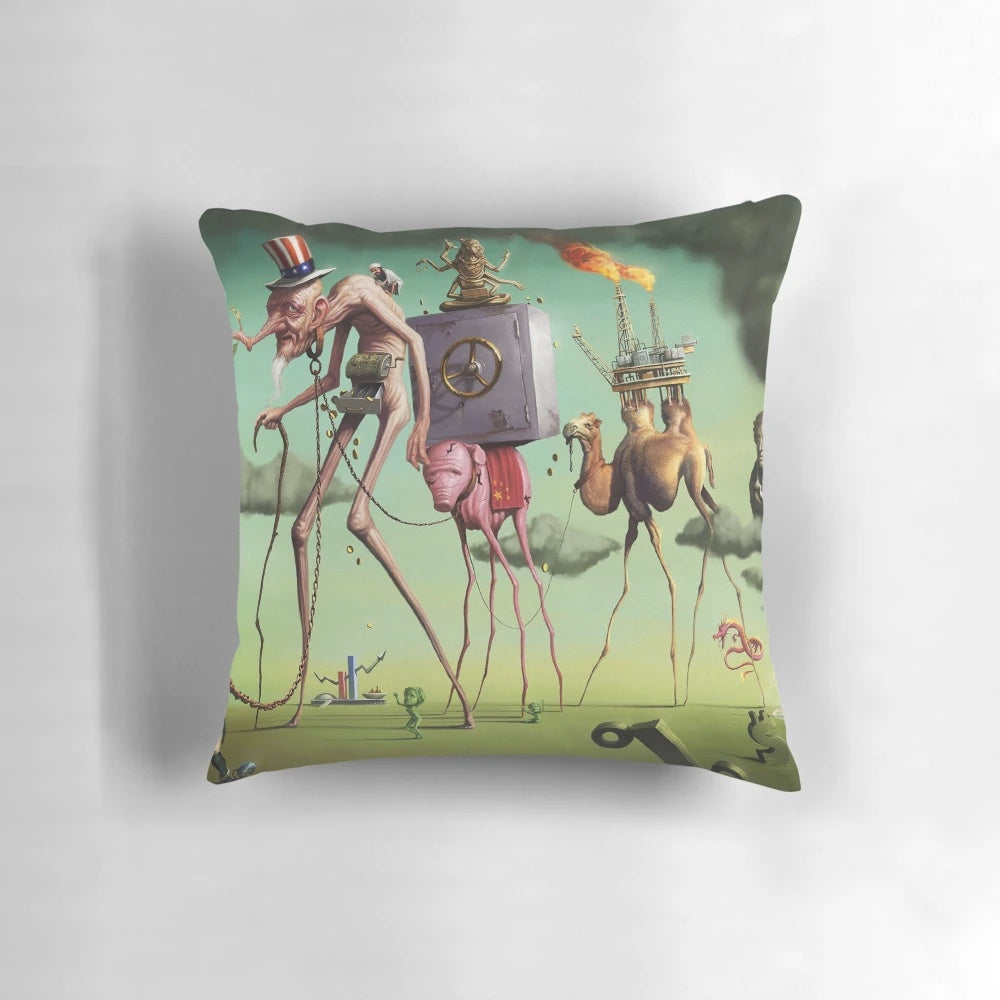 Surrealist-inspired decorative throw pillow featuring a red rose design in black, white, and red
