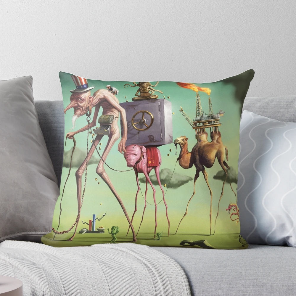 Surrealist-inspired decorative throw pillow featuring a red rose design in black, white, and red
