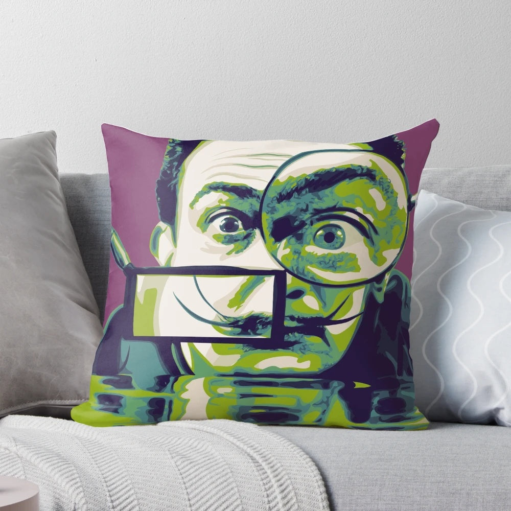 Decorative pillow featuring a surrealist pop art design inspired by the iconic Salvador Dali