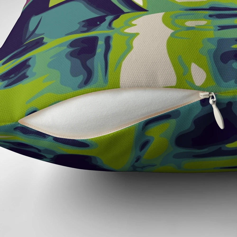 Decorative pillow featuring a surrealist pop art design inspired by the iconic Salvador Dali