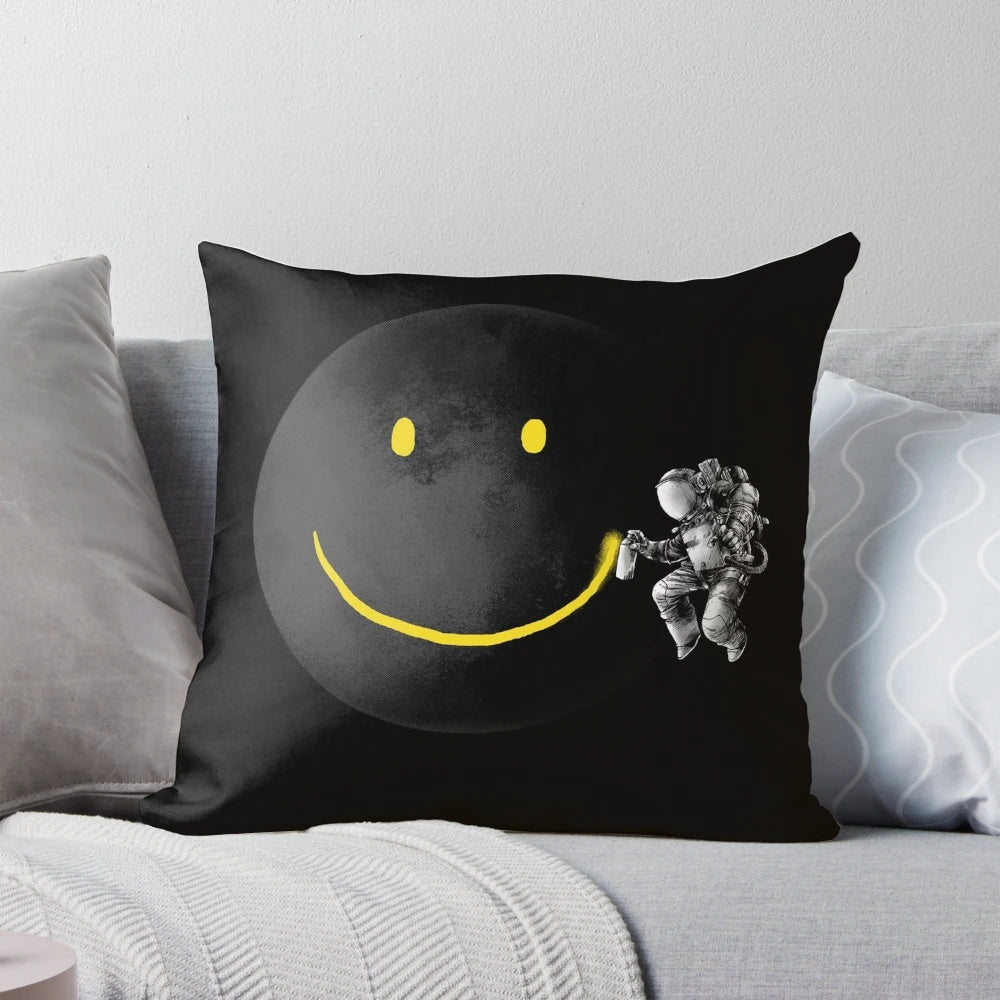 Surrealist black and white pillow with a smiling face design, perfect for sci-fi and astronomy enthusiasts.
