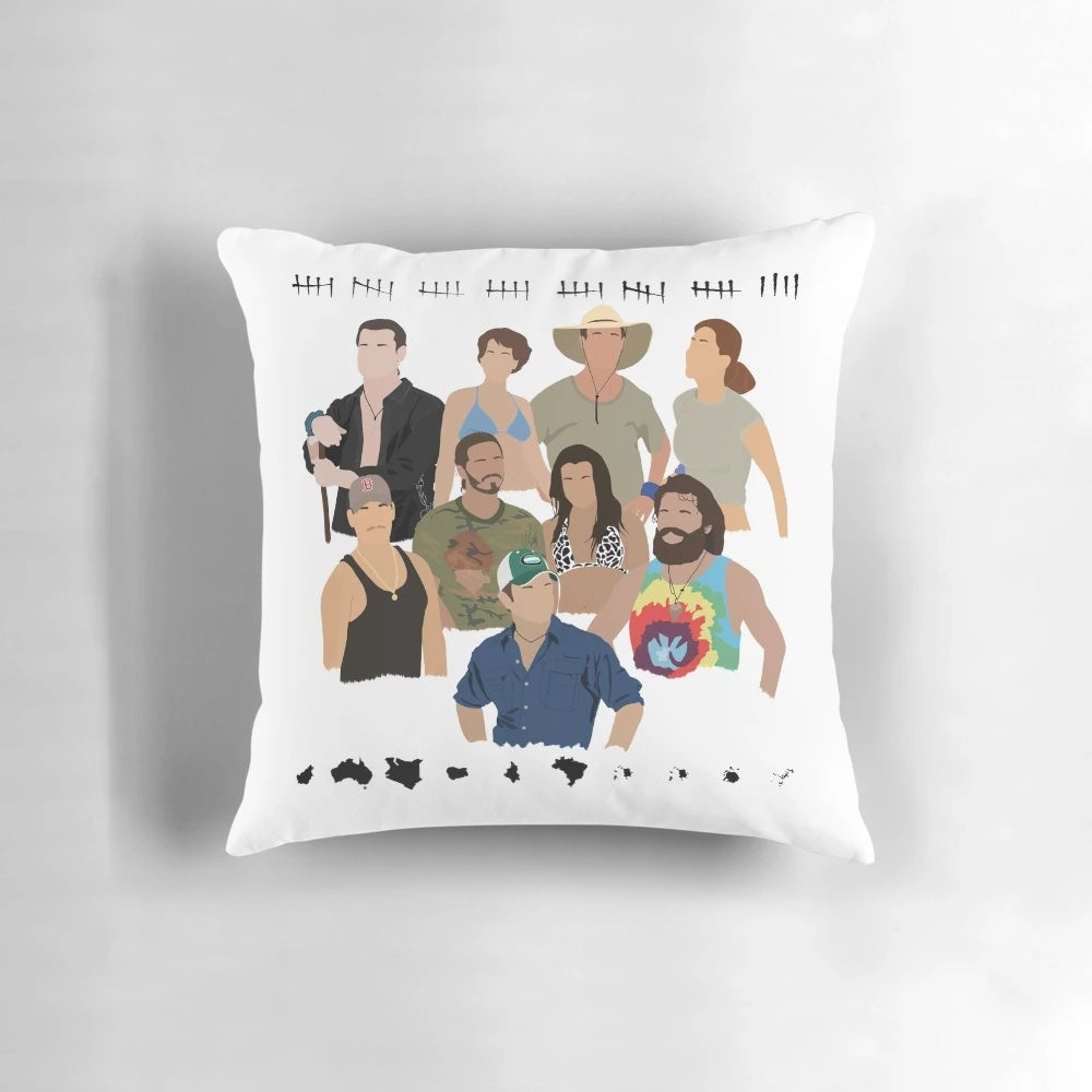 Survivor-themed pillow with Survivor All Stars logo and cast members
