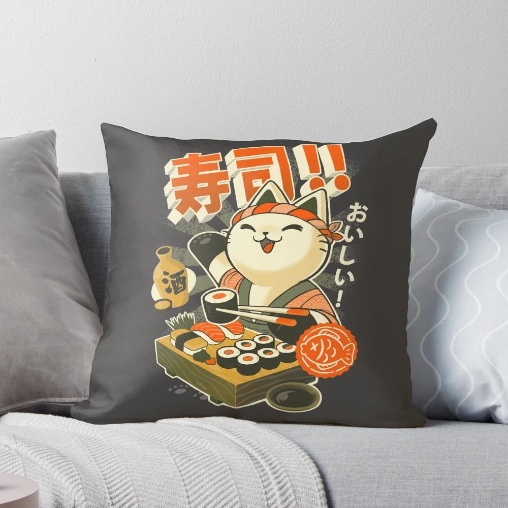 Sushi chef cat pillow featuring a cute kitty in a Japanese restaurant-inspired design