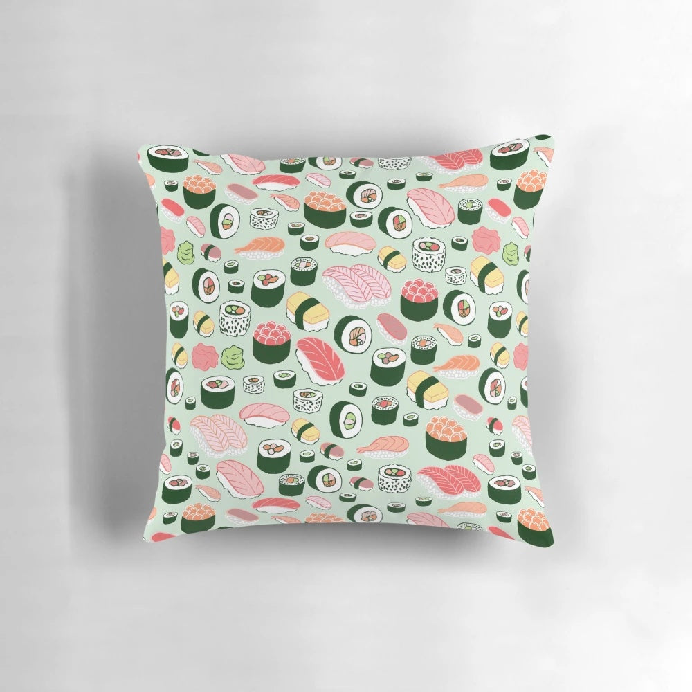 Sushi-themed plush throw pillow with vibrant sushi, sashimi, and mint illustration