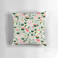 Sushi-themed plush throw pillow with vibrant sushi, sashimi, and mint illustration