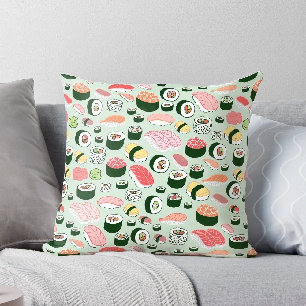 Sushi-themed plush throw pillow with vibrant sushi, sashimi, and mint illustration