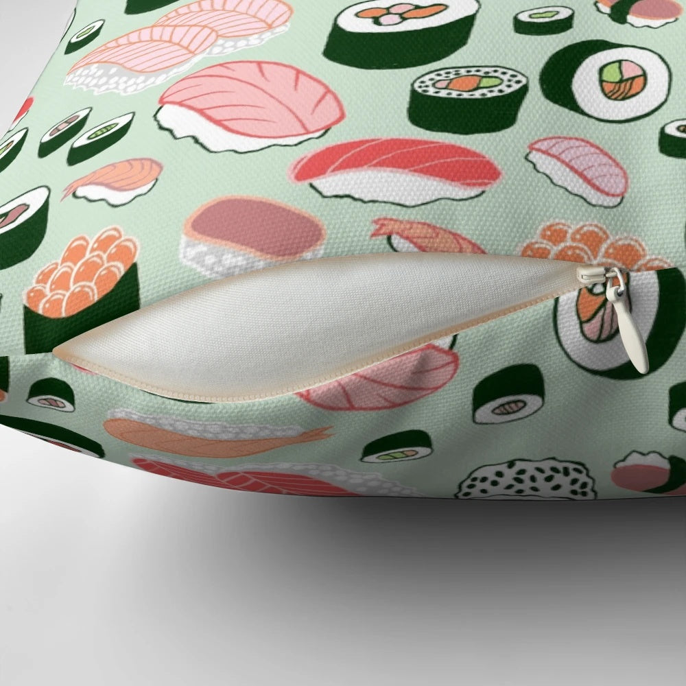 Sushi-themed plush throw pillow with vibrant sushi, sashimi, and mint illustration
