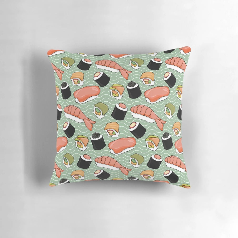 Sushi-themed decorative pillow with vibrant Japanese-inspired pattern