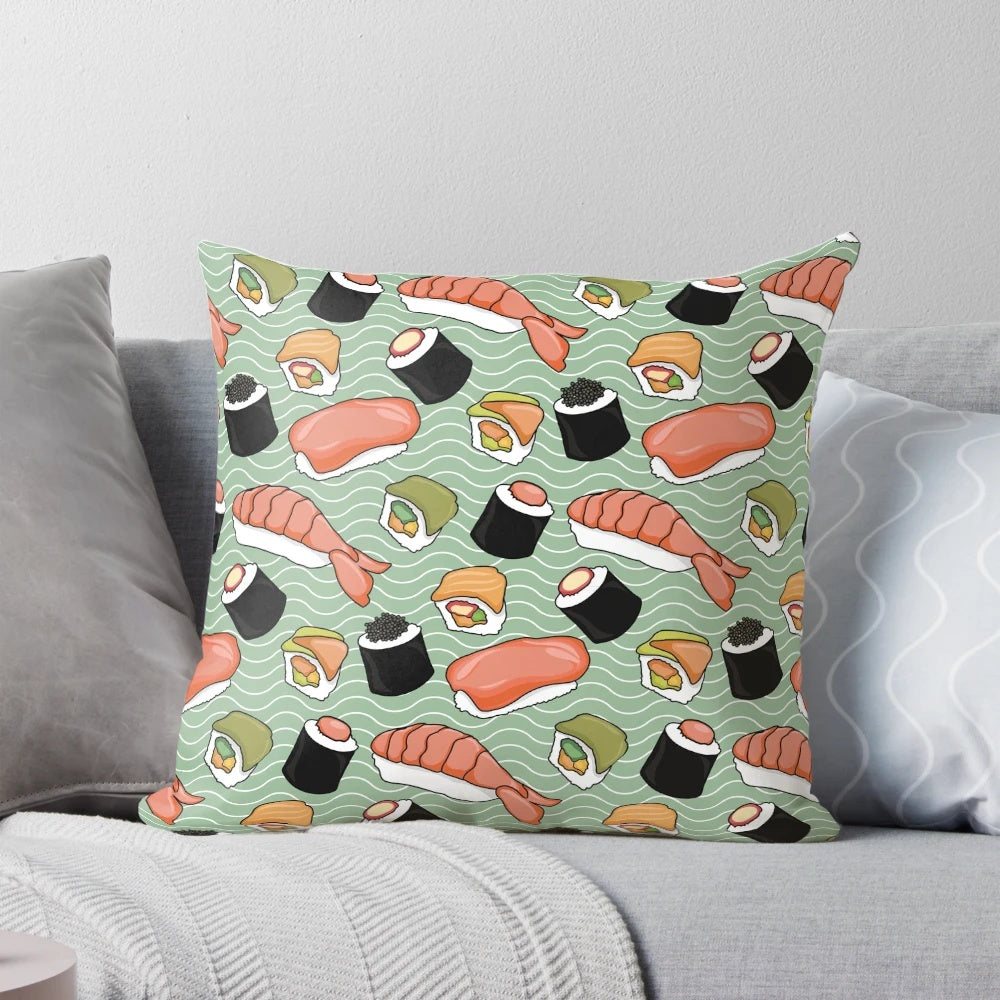 Sushi-themed decorative pillow with vibrant Japanese-inspired pattern
