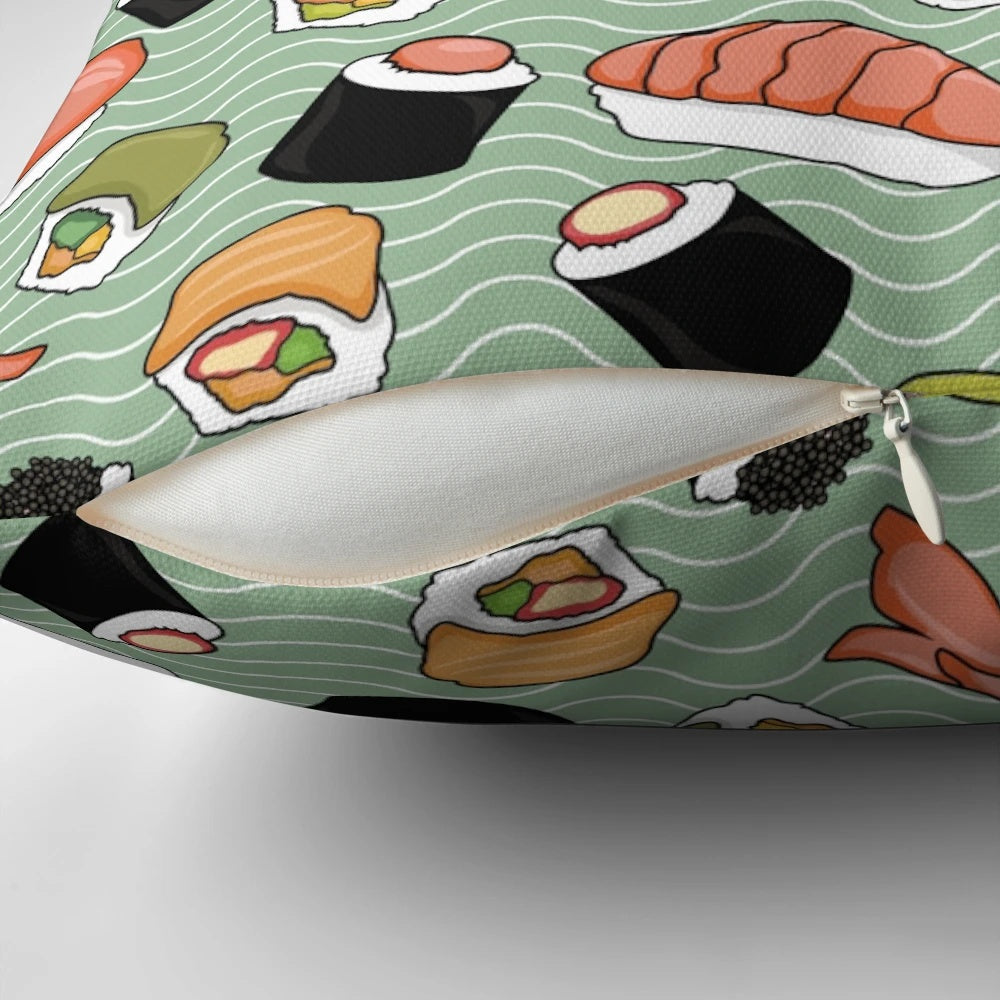 Sushi-themed decorative pillow with vibrant Japanese-inspired pattern