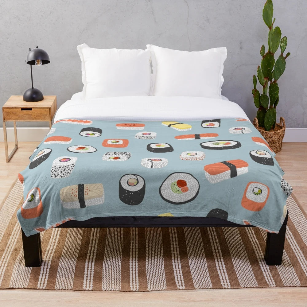 Sushi-themed plush blanket with detailed Japanese food art design