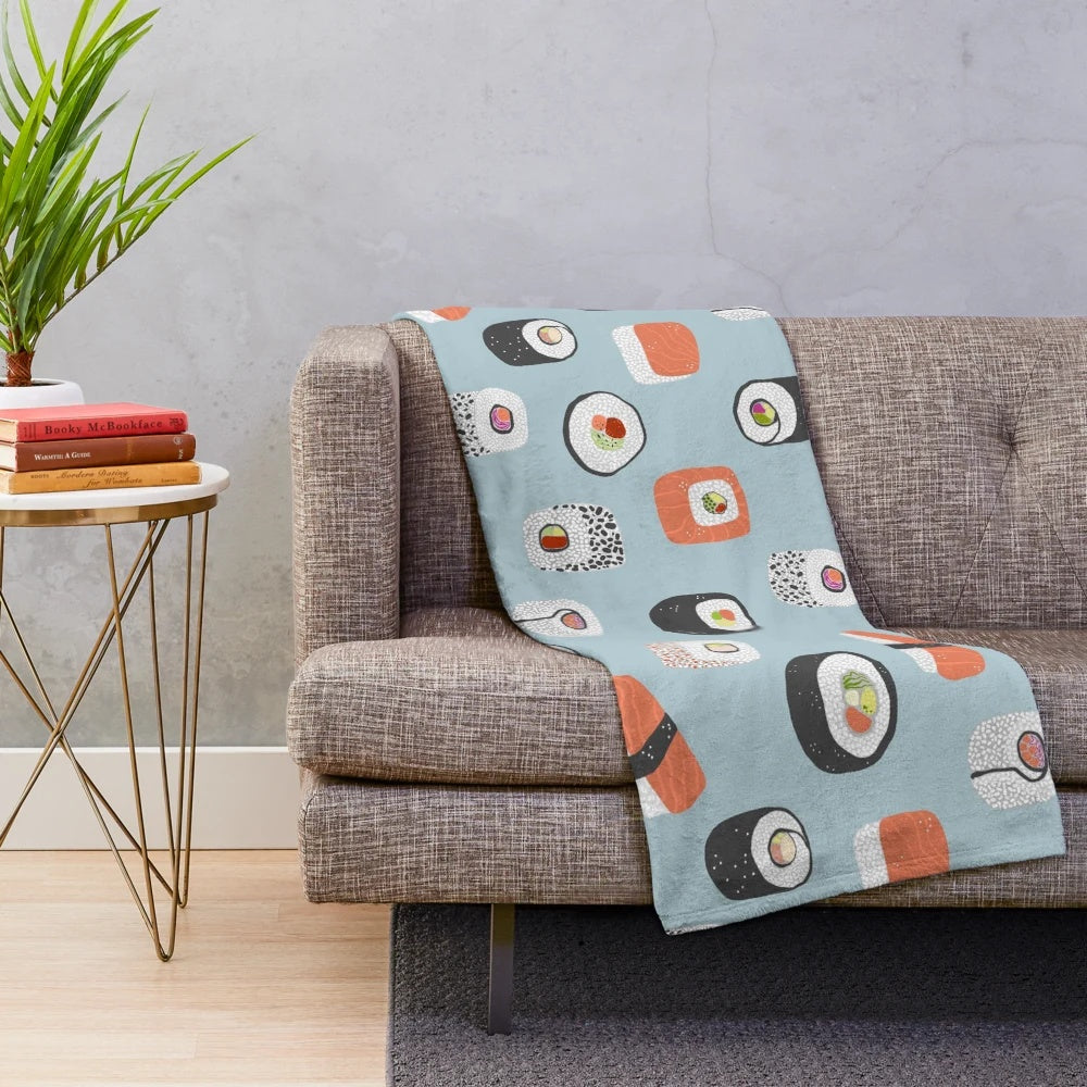 Sushi-themed plush blanket with detailed Japanese food art design