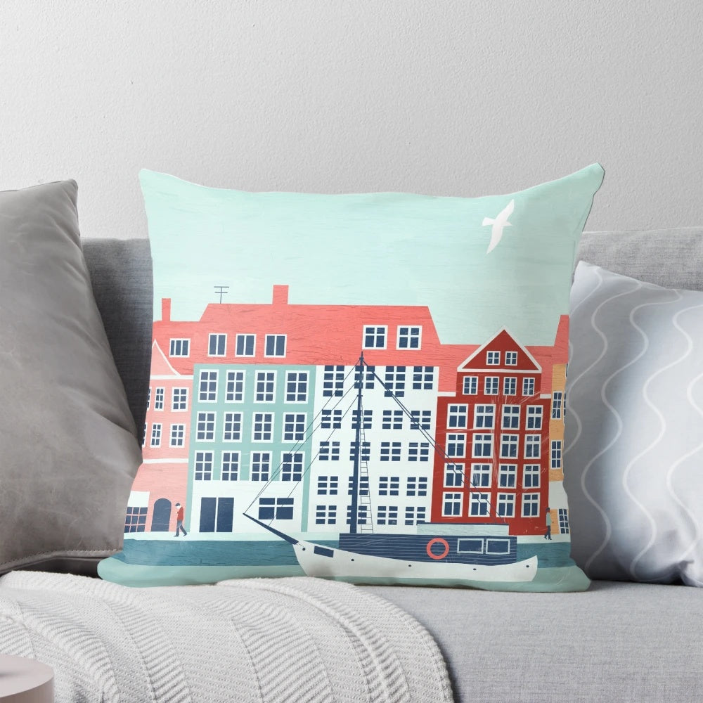 Vibrant Copenhagen travel poster design featured on a soft, eco-friendly pillow