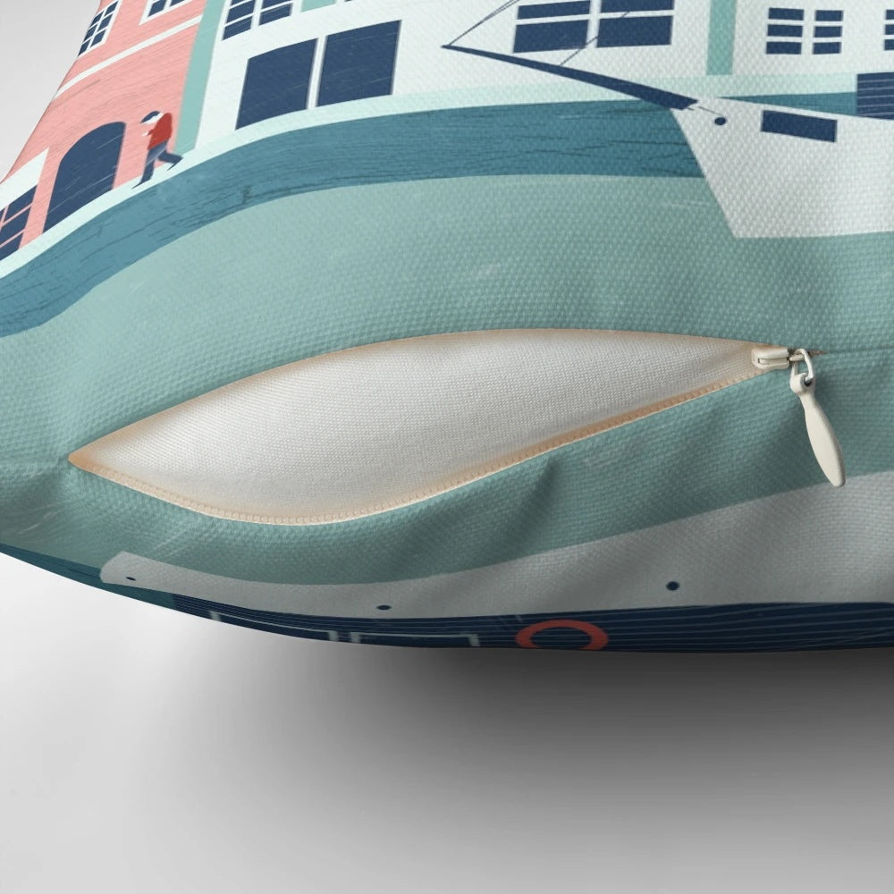 Vibrant Copenhagen travel poster design featured on a soft, eco-friendly pillow