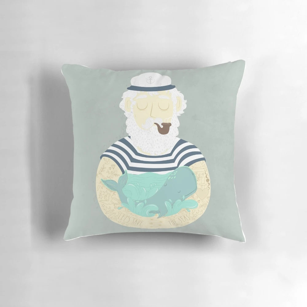 Nautical 'Save the Seas' decorative pillow with ocean and marine life design