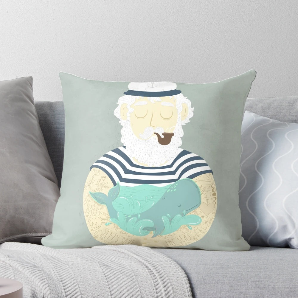 Nautical 'Save the Seas' decorative pillow with ocean and marine life design