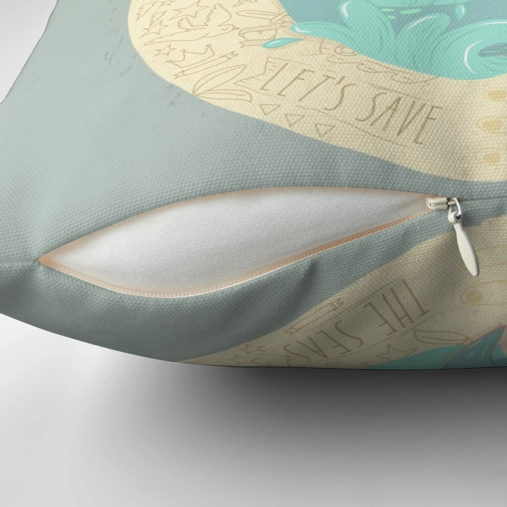 Nautical 'Save the Seas' decorative pillow with ocean and marine life design