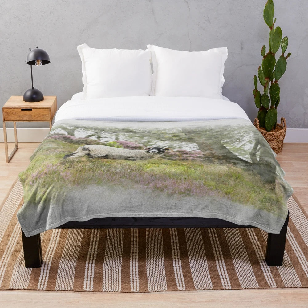 Swaledale sheep on Stanton Moor in a watercolor-style photograph printed on a plush blanket