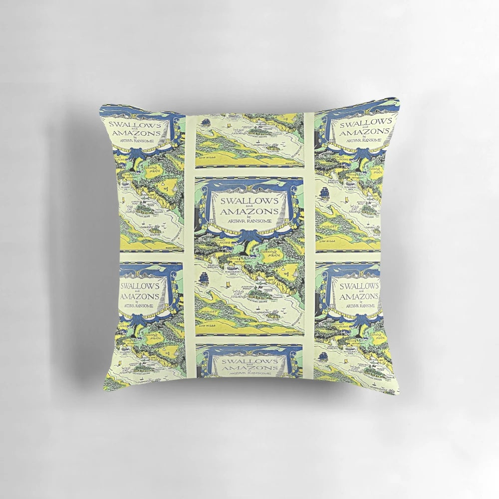 Swallows and Amazons by Arthur Ransome inspired decorative pillow featuring the book cover art, perfect for book lovers and readers.