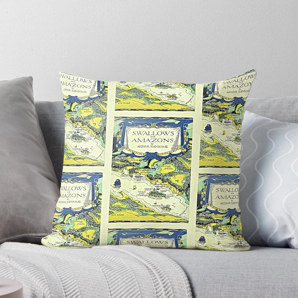 Swallows and Amazons by Arthur Ransome inspired decorative pillow featuring the book cover art, perfect for book lovers and readers.