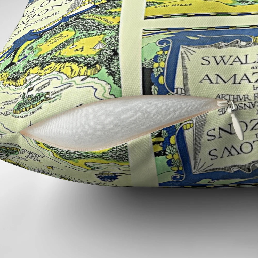 Swallows and Amazons by Arthur Ransome inspired decorative pillow featuring the book cover art, perfect for book lovers and readers.