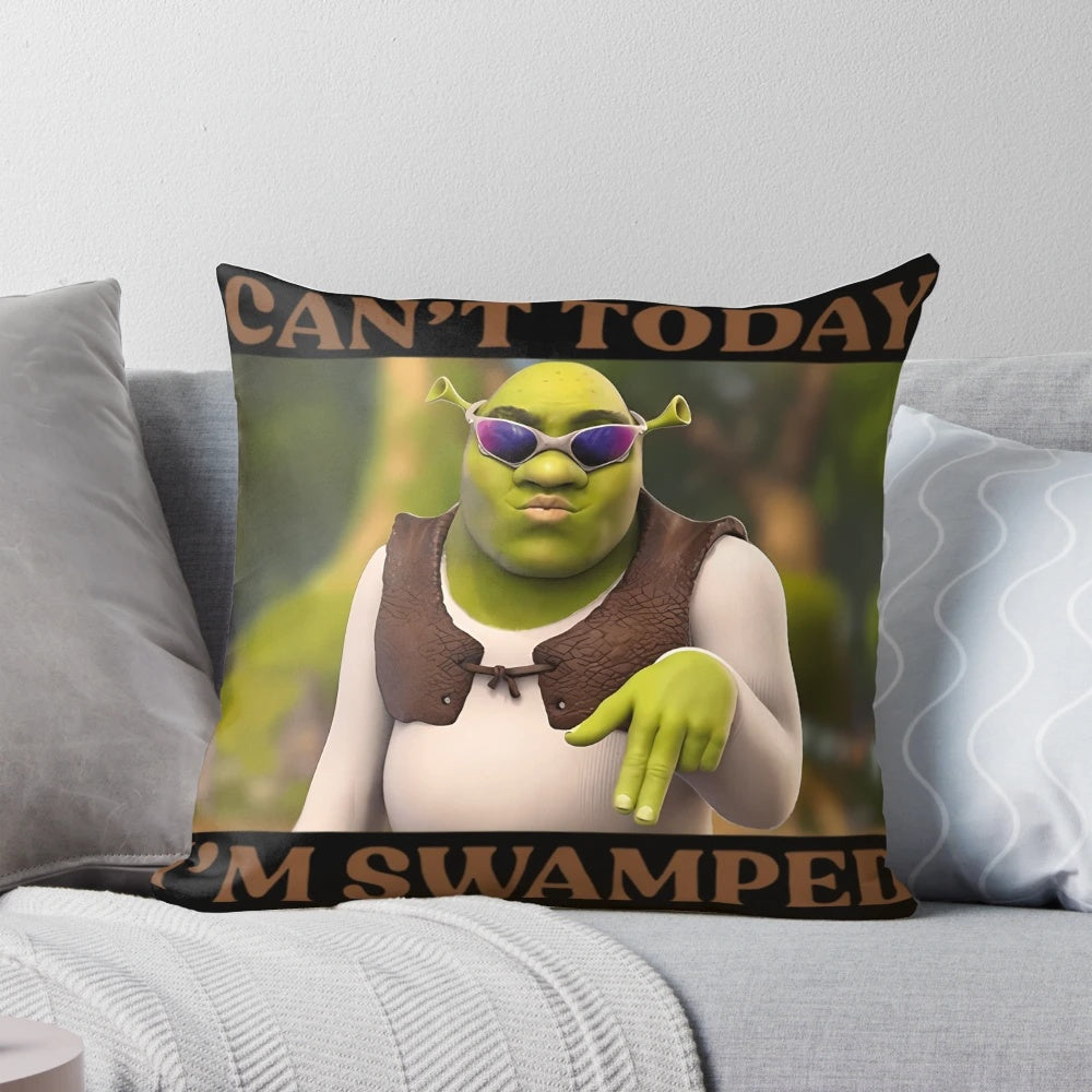 A Shrek-inspired funny pillow with the text "Can't Today I'm Swamped