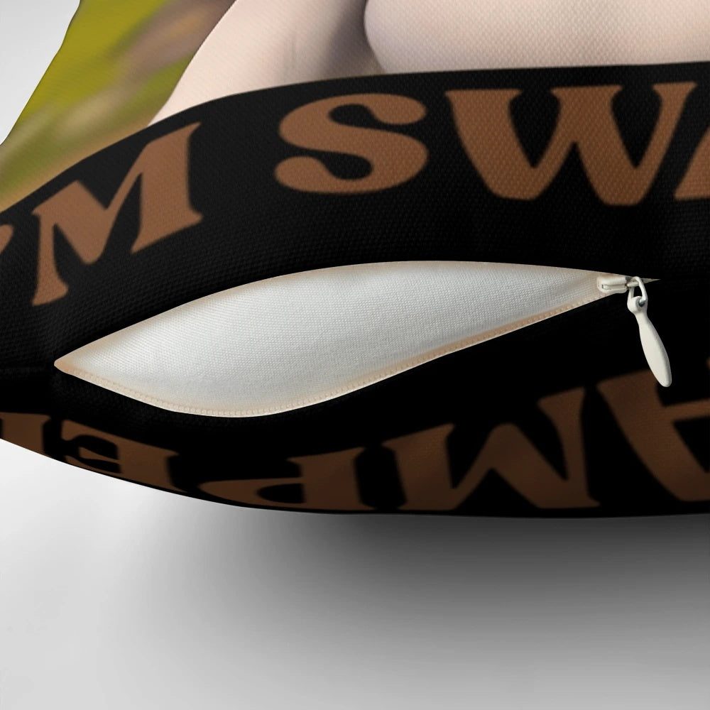 A Shrek-inspired funny pillow with the text "Can't Today I'm Swamped