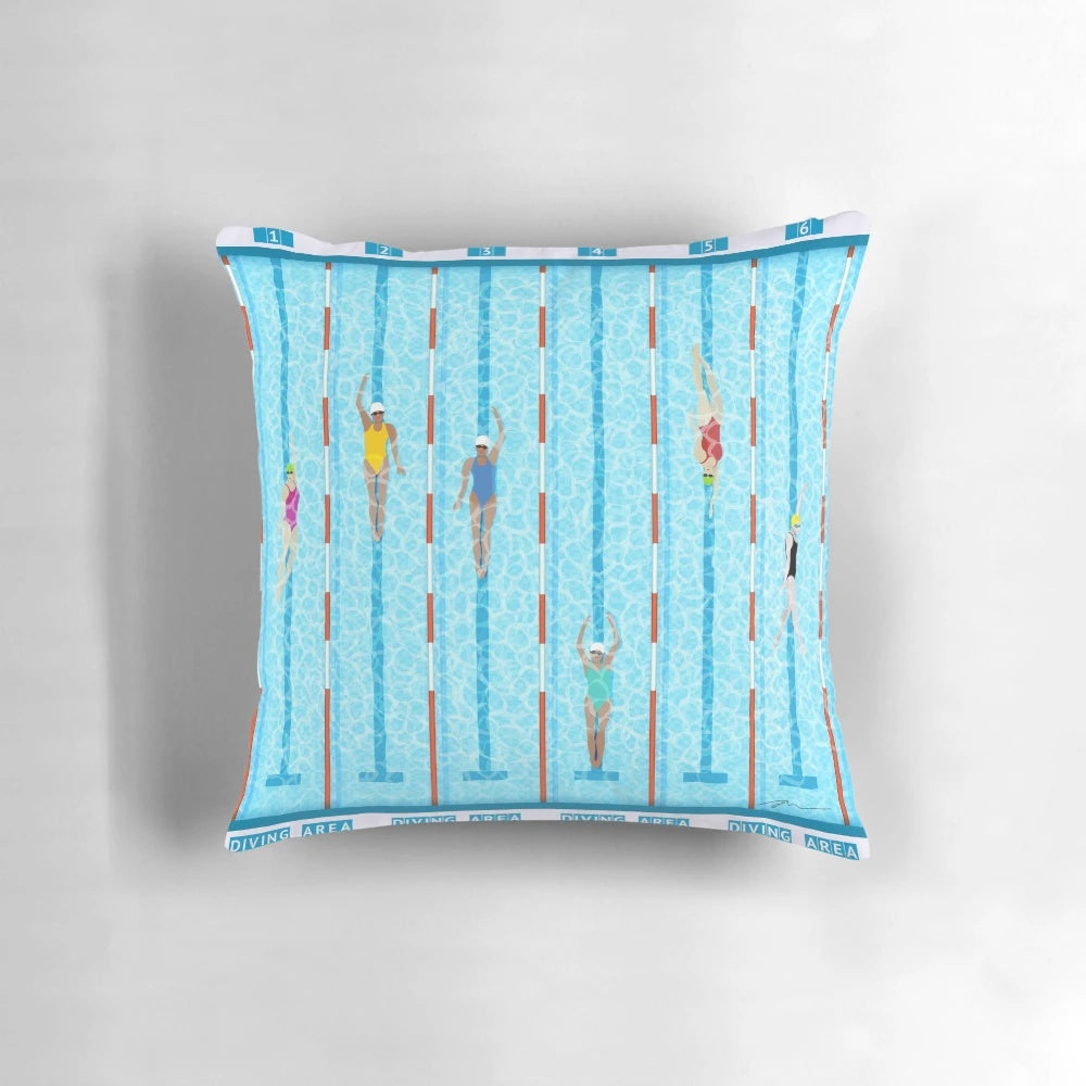 A colorful pillow featuring a swimmers design, perfect for water sports enthusiasts.