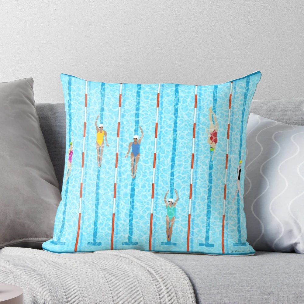 A colorful pillow featuring a swimmers design, perfect for water sports enthusiasts.