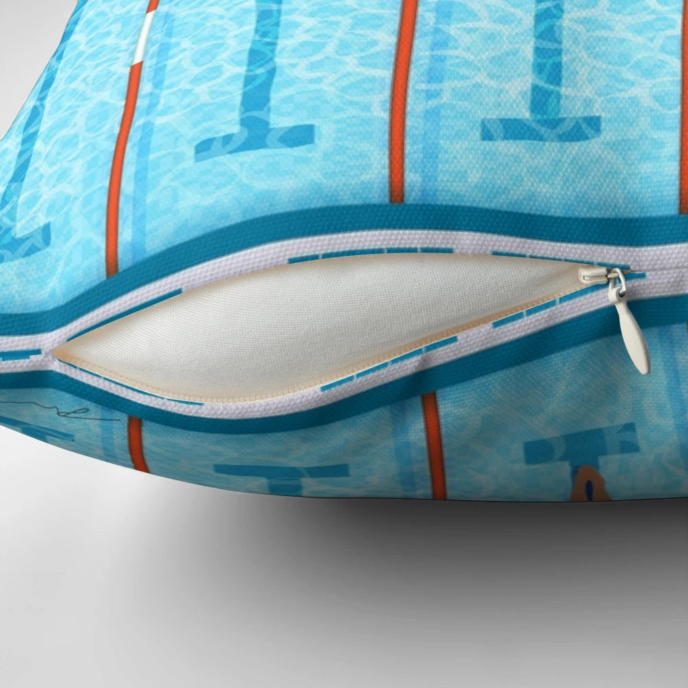 A colorful pillow featuring a swimmers design, perfect for water sports enthusiasts.