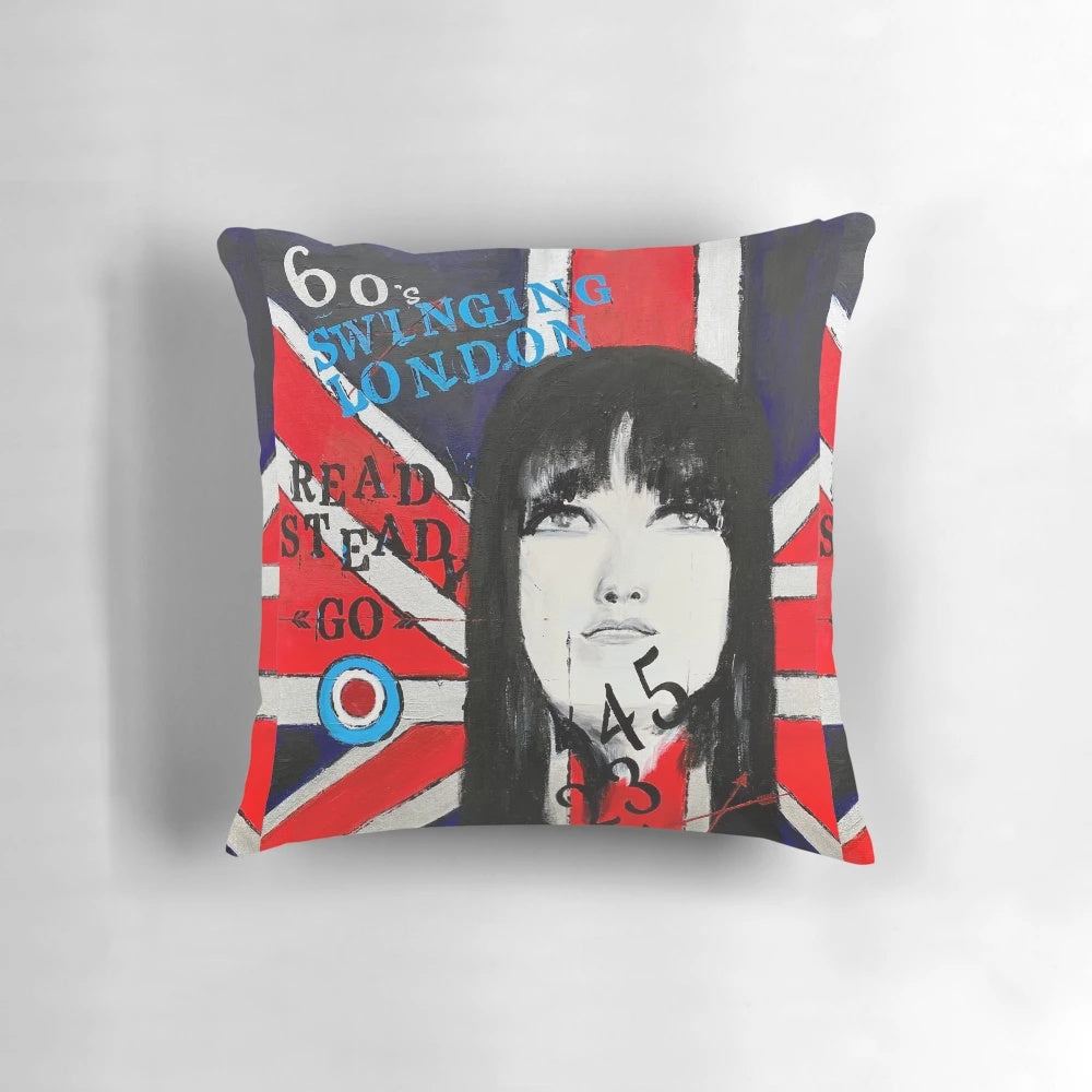 Colorful pillow featuring a 1960s portrait and British flag design for Swinging Sixties style