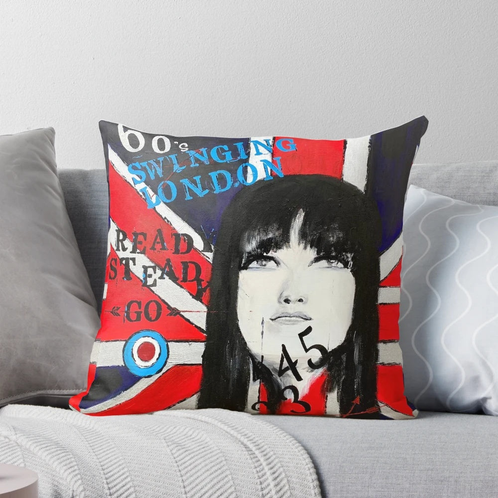 Colorful pillow featuring a 1960s portrait and British flag design for Swinging Sixties style