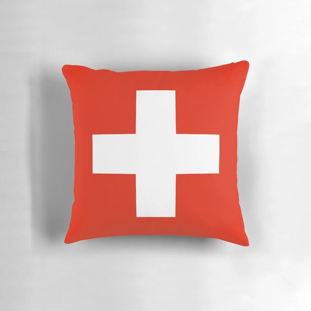 Swiss flag themed decorative pillow with the iconic Swiss cross symbol
