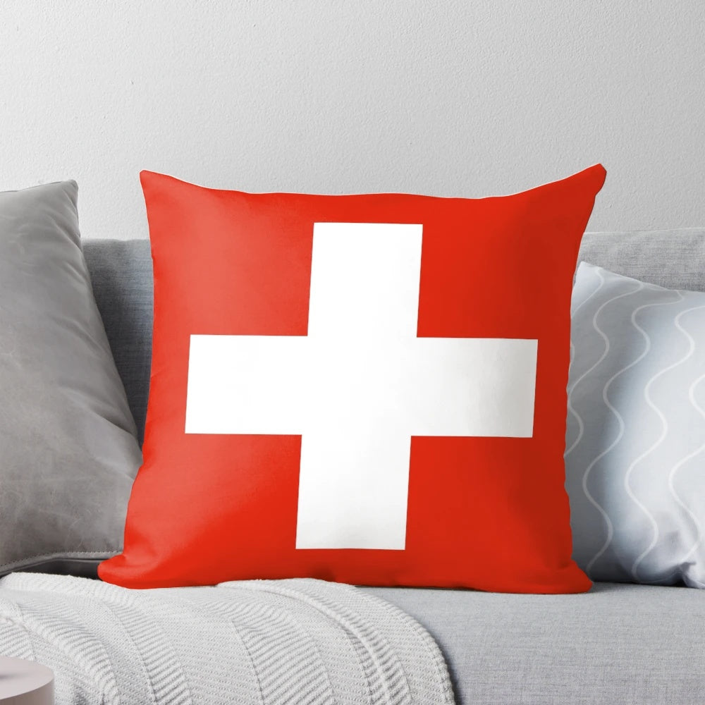 Swiss flag themed decorative pillow with the iconic Swiss cross symbol
