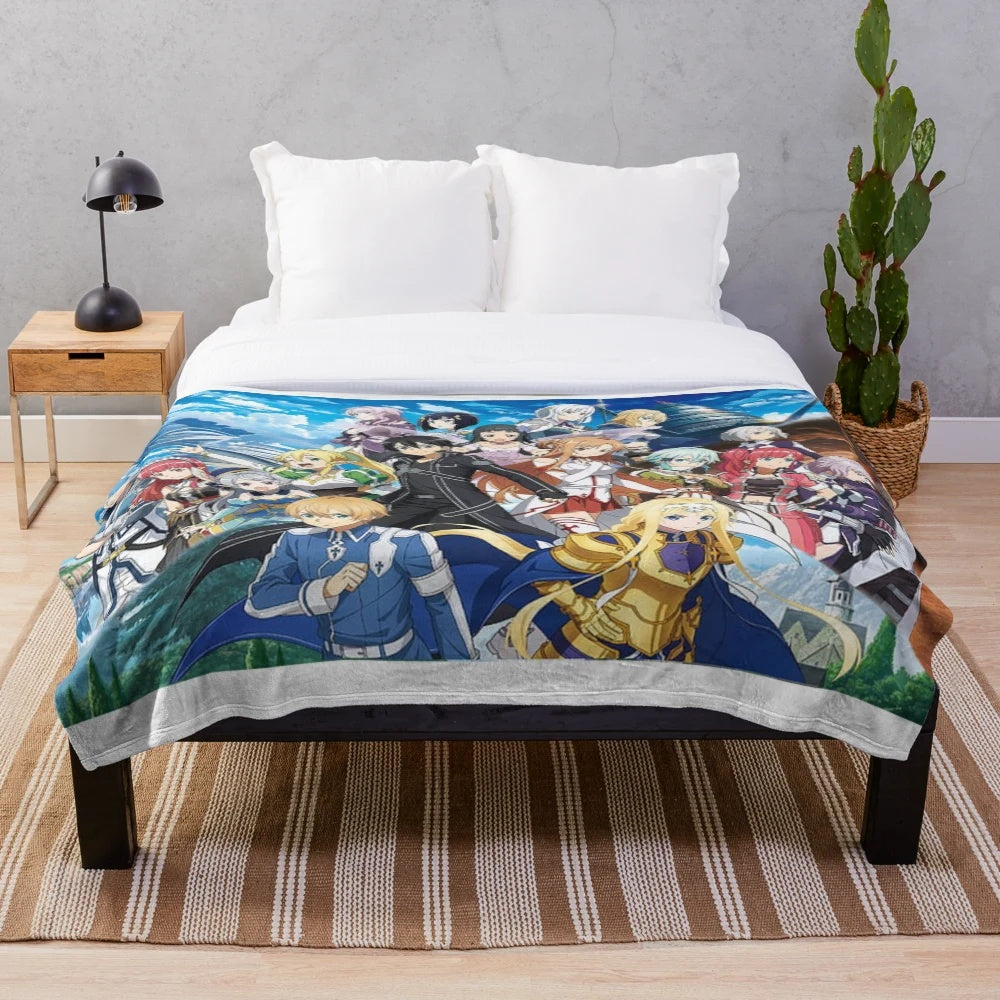 Sword Art-inspired plush blanket featuring fantasy and virtual reality game elements