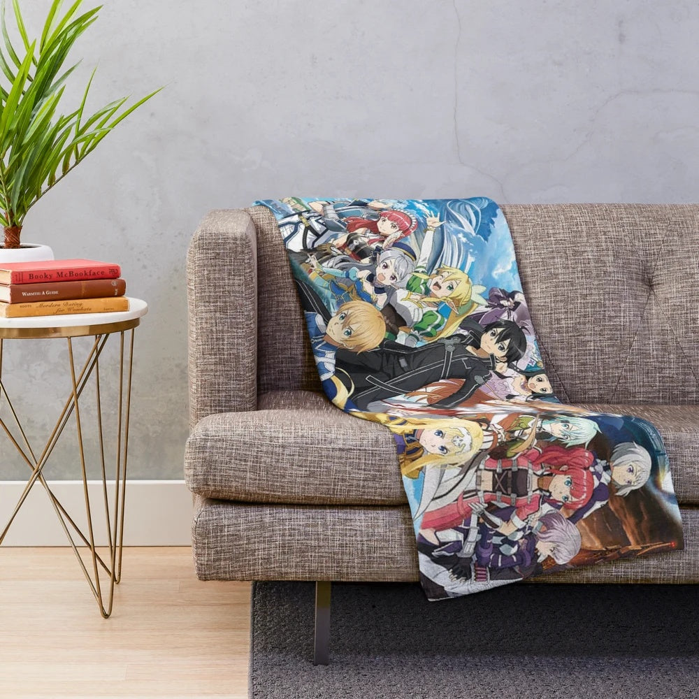 Sword Art-inspired plush blanket featuring fantasy and virtual reality game elements