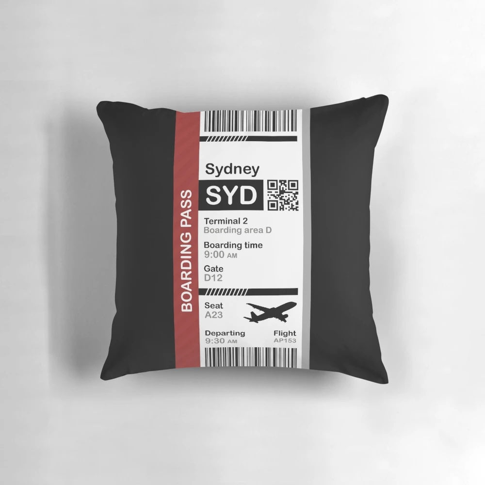Sydney boarding pass and destination ticket printed on a soft pillow