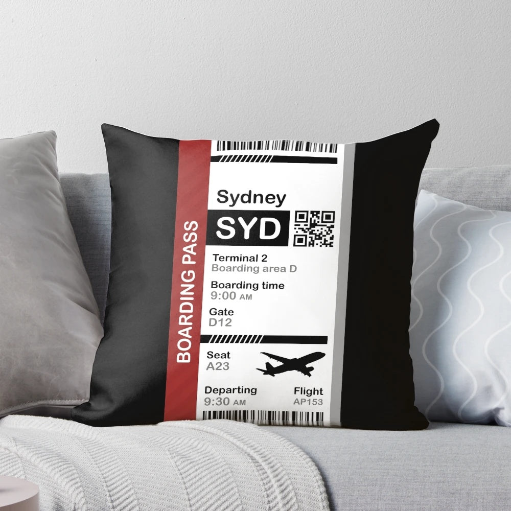 Sydney boarding pass and destination ticket printed on a soft pillow