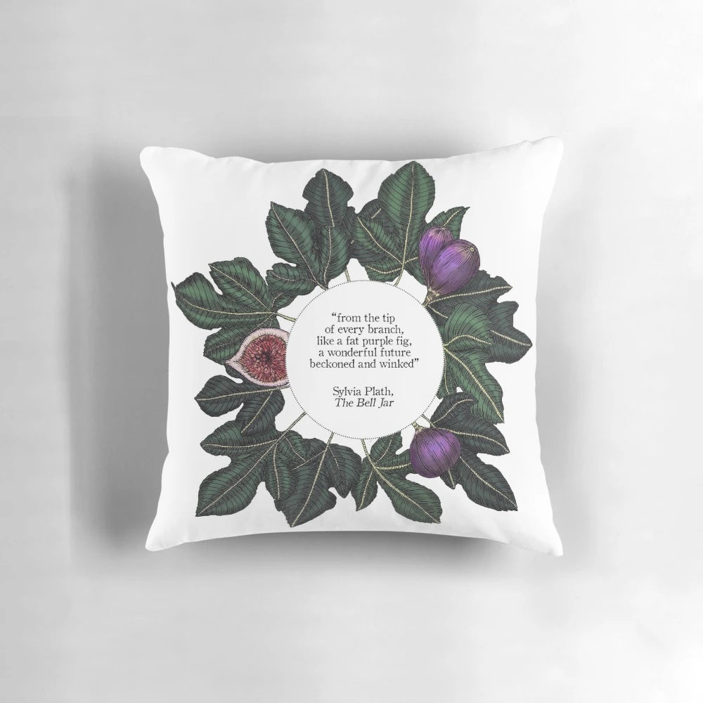 Throw pillow featuring a quote from Sylvia Plath's "The Bell Jar" with a purple fig illustration