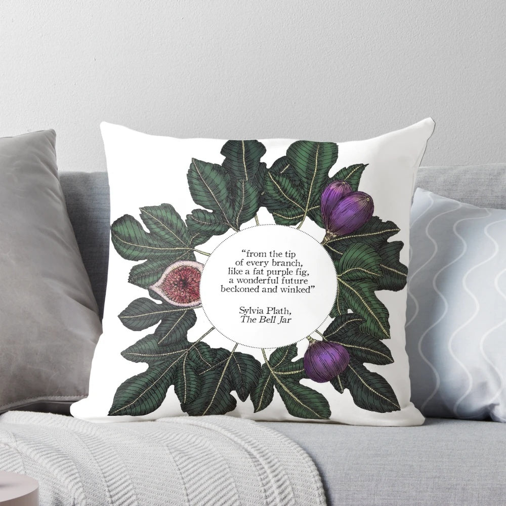 Throw pillow featuring a quote from Sylvia Plath's "The Bell Jar" with a purple fig illustration