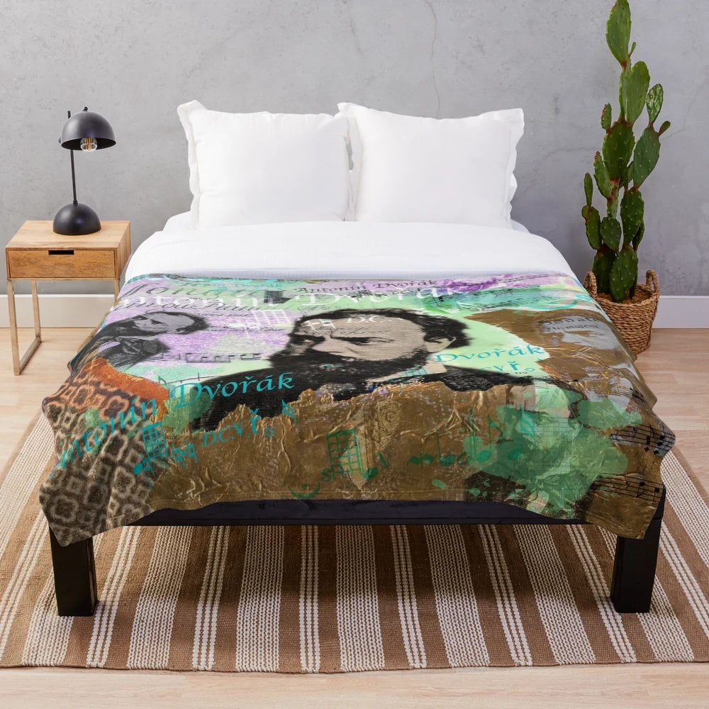 Plush blanket featuring a collage design with a portrait of the classical composer Anton Dvorak