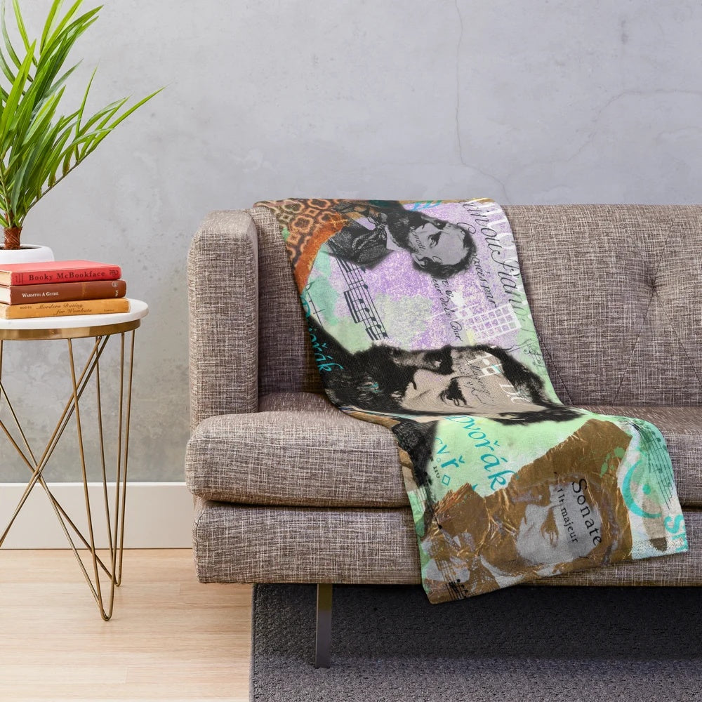 Plush blanket featuring a collage design with a portrait of the classical composer Anton Dvorak